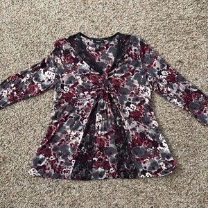 Burgundy black gray and white print top with lace at collar size large
